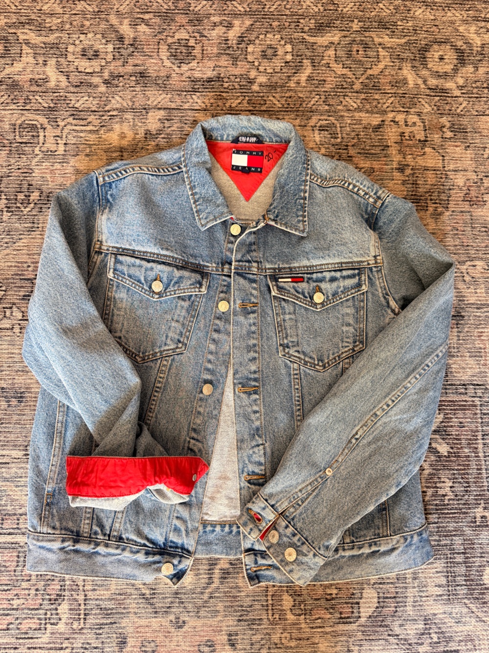 Vintage Tommy Hilfiger Light Blue Denim Jacket with Red Accents